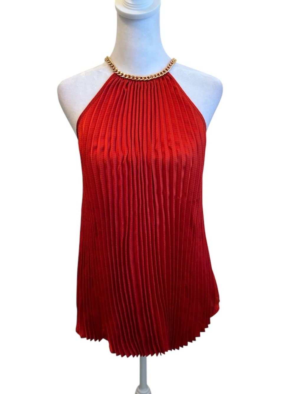 New Medium Michael Kors Orange Pleated Gold Chain Halter Neck Sleeveless Top